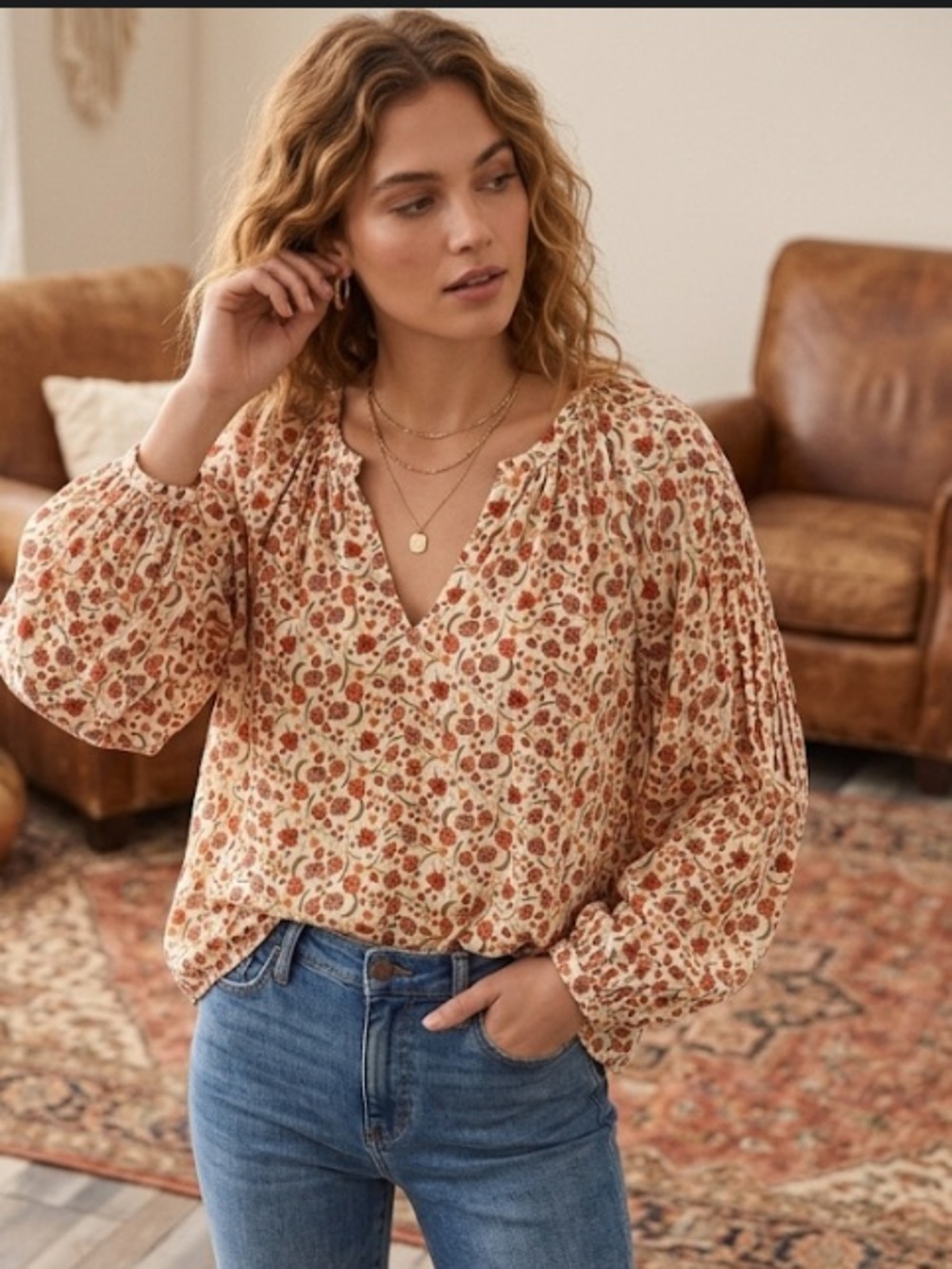 Old Navy Cream Blouse with Orange and Brown Paisley Print